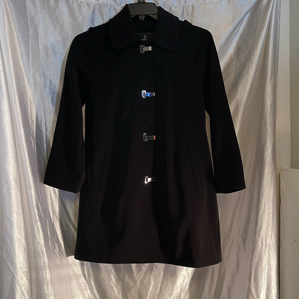 EUC London Fog Lined Black Trenchcoat with Silver Clasp Front Closures and Hood